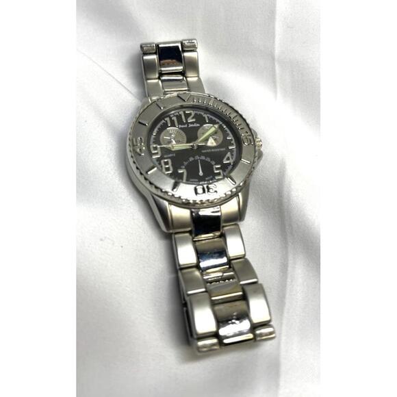 Paul Jardin Faux Chronograph Black Dial Silver Tone Men's Watch NEW Battery - Picture 2 of 8